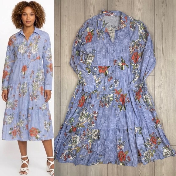 Johnny Was Dresses & Skirts - Johnny Was XL Mosaic Tiered‎ Wanderer Midi in Blue Floral Cotton Shirt Dress